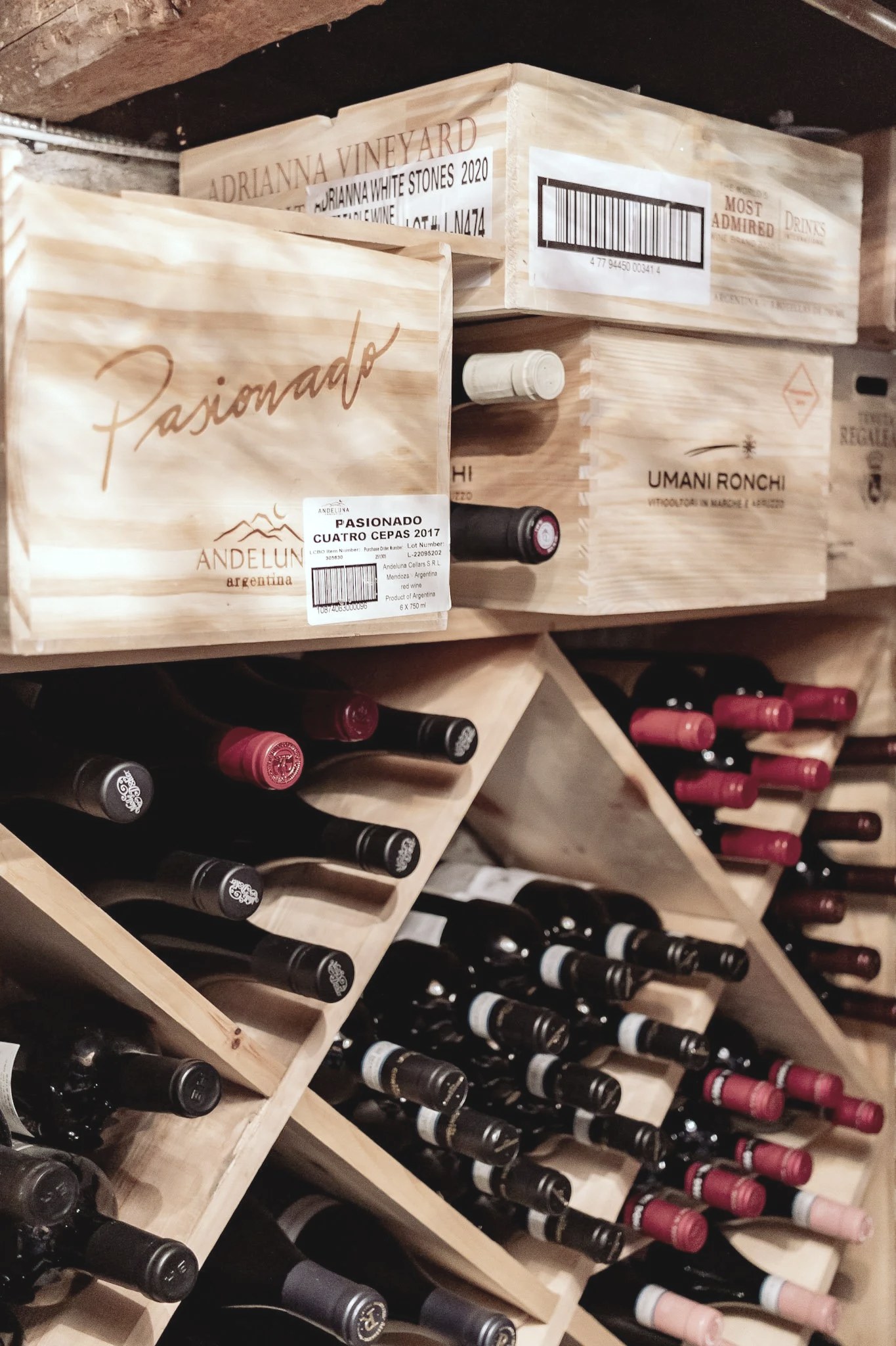 Wine bottles and wooden cases in Devlin’s Country Bistro’s cellar